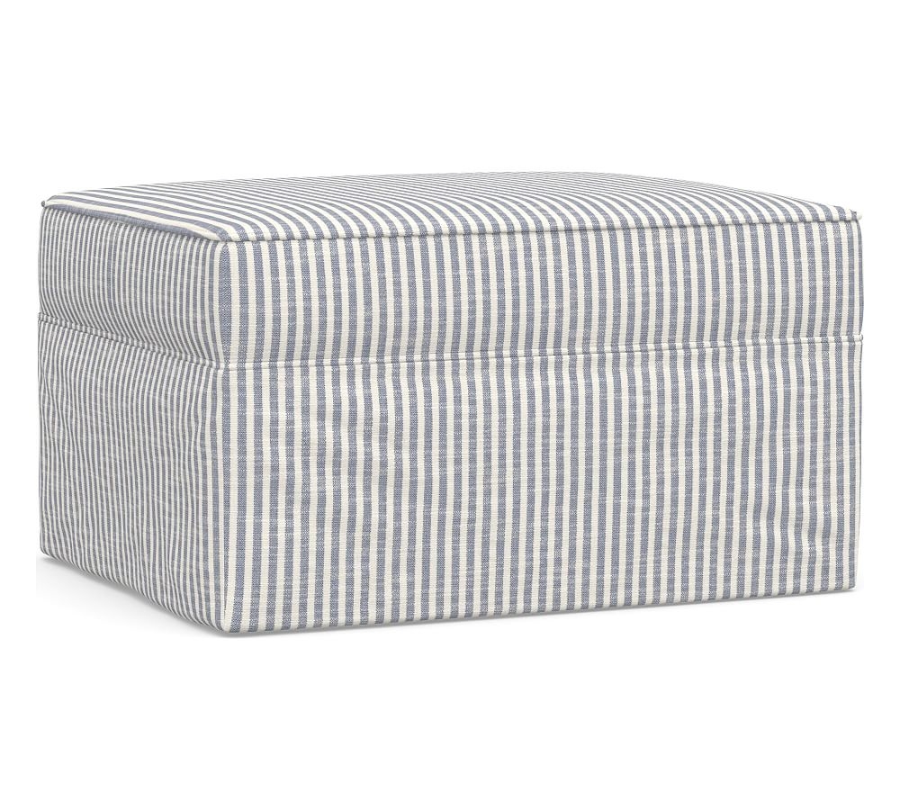 Pearce Slipcovered Ottoman, Polyester Wrapped Cushions, Classic Stripe Blue - Image 0