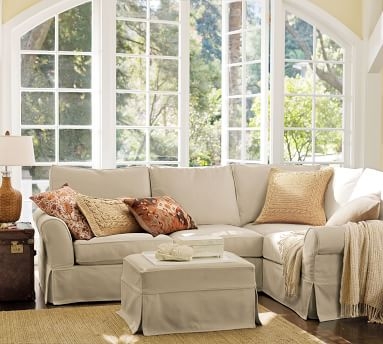 PB Comfort Roll Arm Slipcovered Left Arm 3-Piece Corner Sectional, Box Edge, Down Blend Wrapped Cushions, Chenille Basketweave Taupe - Image 3