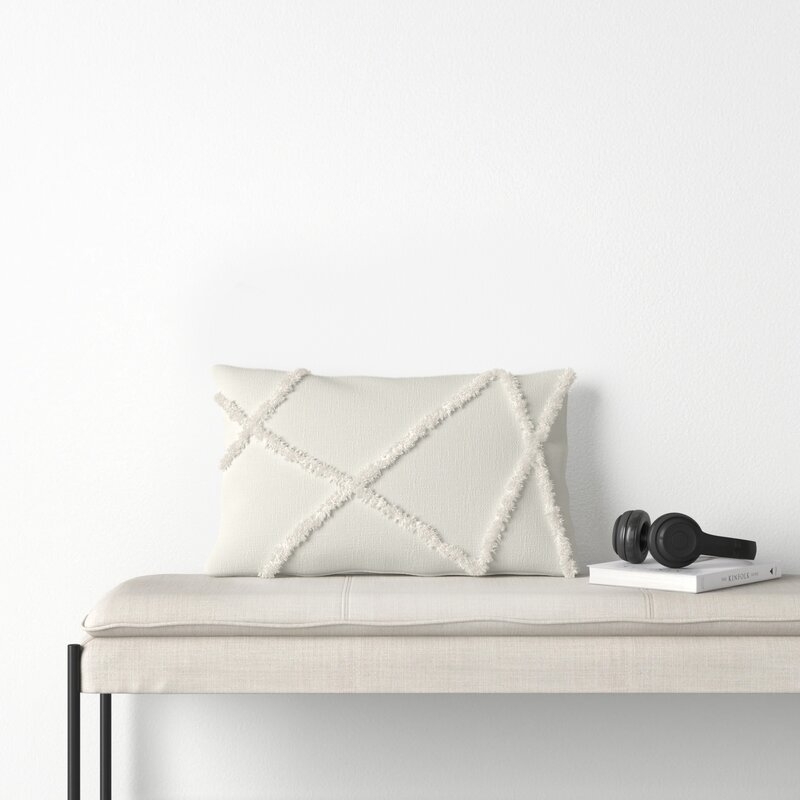 Remi Cotton Lumbar Pillow Cover & Insert, White, 24" x 14" - Image 1