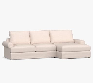 Canyon Roll Arm Slipcovered Right Arm Loveseat with Double Chaise Sectional, Down Blend Wrapped Cushions, Performance Heathered Basketweave Dove - Image 2