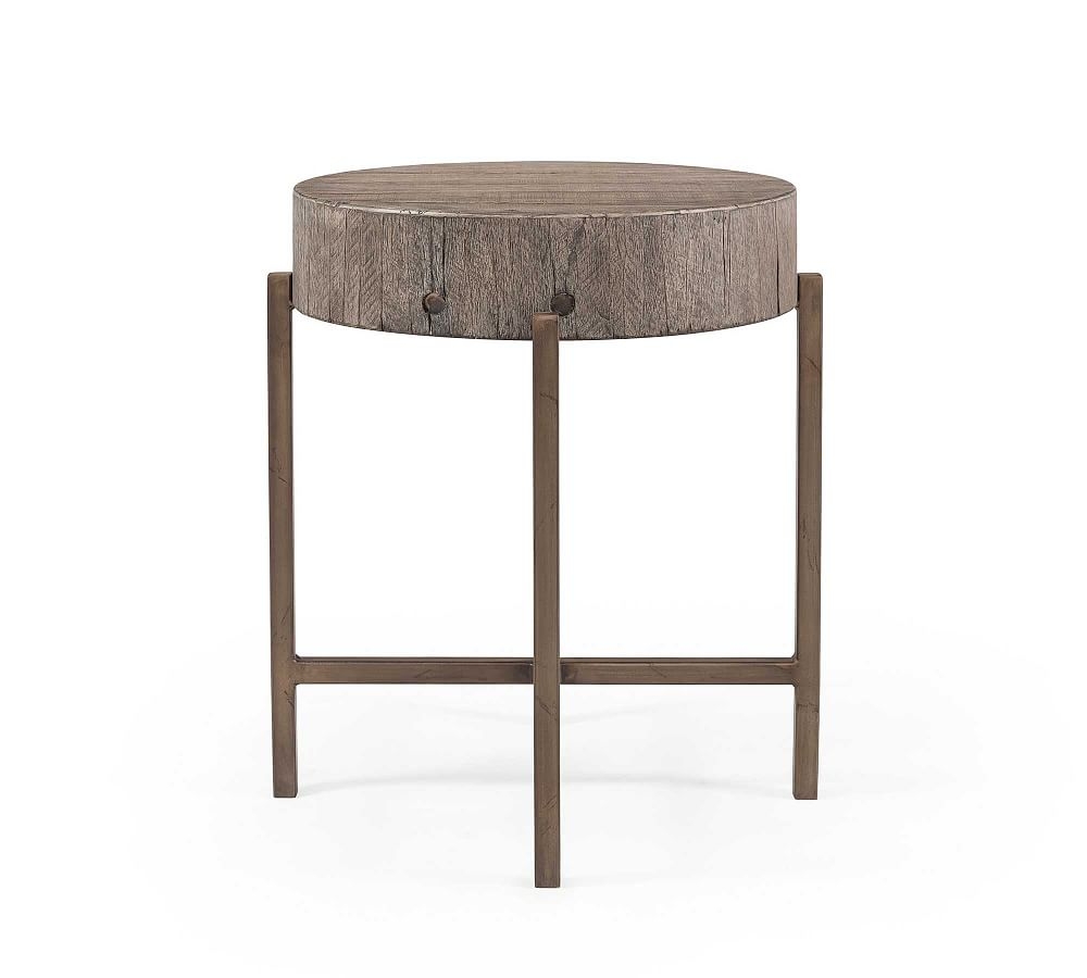 Fargo Reclaimed Wood Round End Table, Distressed Gray - Image 0