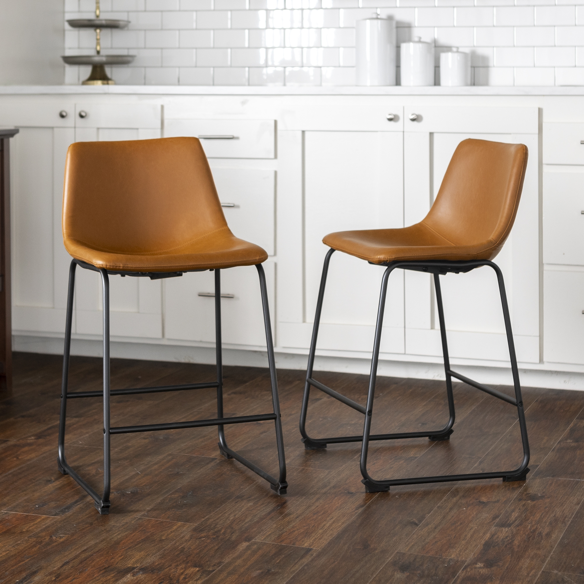 24" Industrial Faux Leather Counter Stools, Set of 2 - Whiskey Brown - Image 6