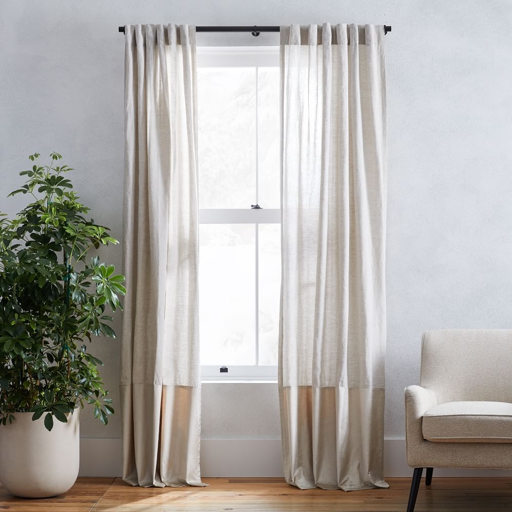 European Flax Linen + Luster Velvet Curtain, Natural/Sand 48"x84" - Image 0