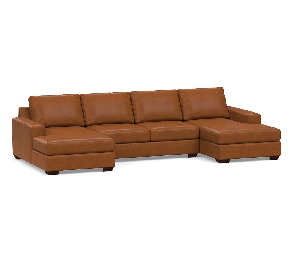Big Sur Square Arm Leather U-Chaise Loveseat Sectional, Down Blend Wrapped Cushions, Statesville Caramel - Image 0