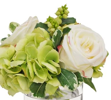Faux White Hydrangea &amp; Rose Mixed Composed Arrangement, Glass Vase - 9'' - Image 1