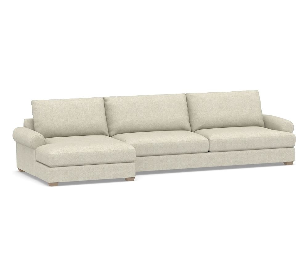 Canyon Roll Arm Upholstered Right Arm Sofa with Double Chaise SCT, Down Blend Wrapped Cushions, Performance Heathered Basketweave Alabaster White - Image 0