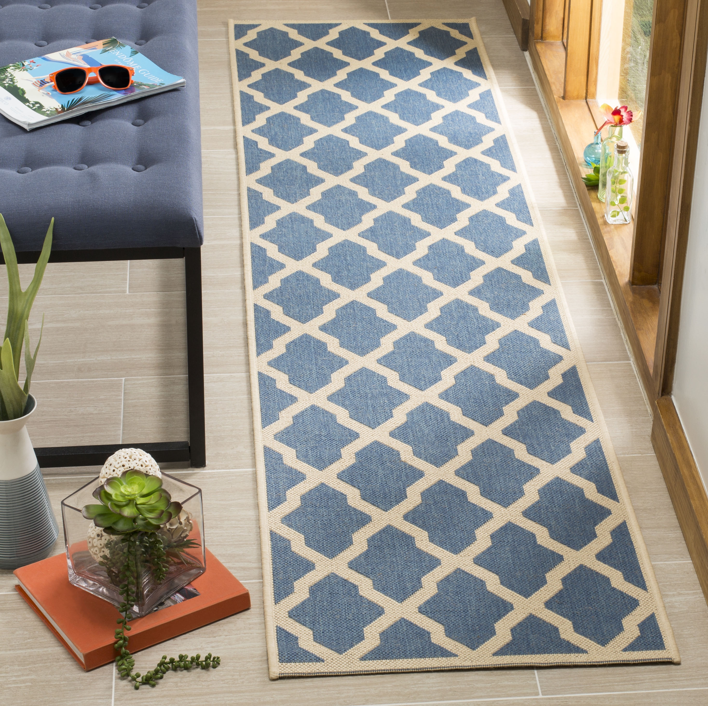 Arlo Home Indoor/Outdoor Woven Area Rug, LND122M, Blue/Cream,  2' X 8' - Image 1