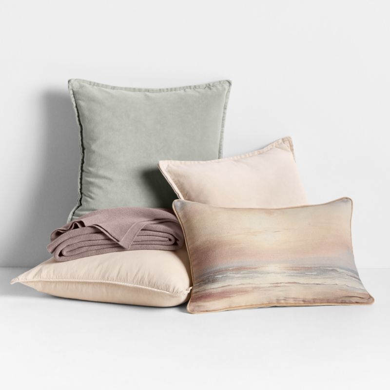 Amanha Washed Organic Cotton Denim 20x20 Travertine Beige Throw Pillow with Feather Insert - Image 1