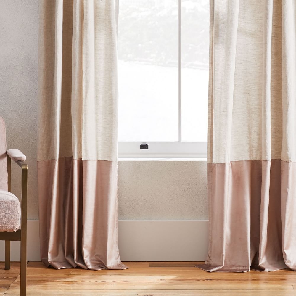 European Flax Linen + Luster Velvet Curtain, Natural/Dusty Blush 48"x84" - Image 0