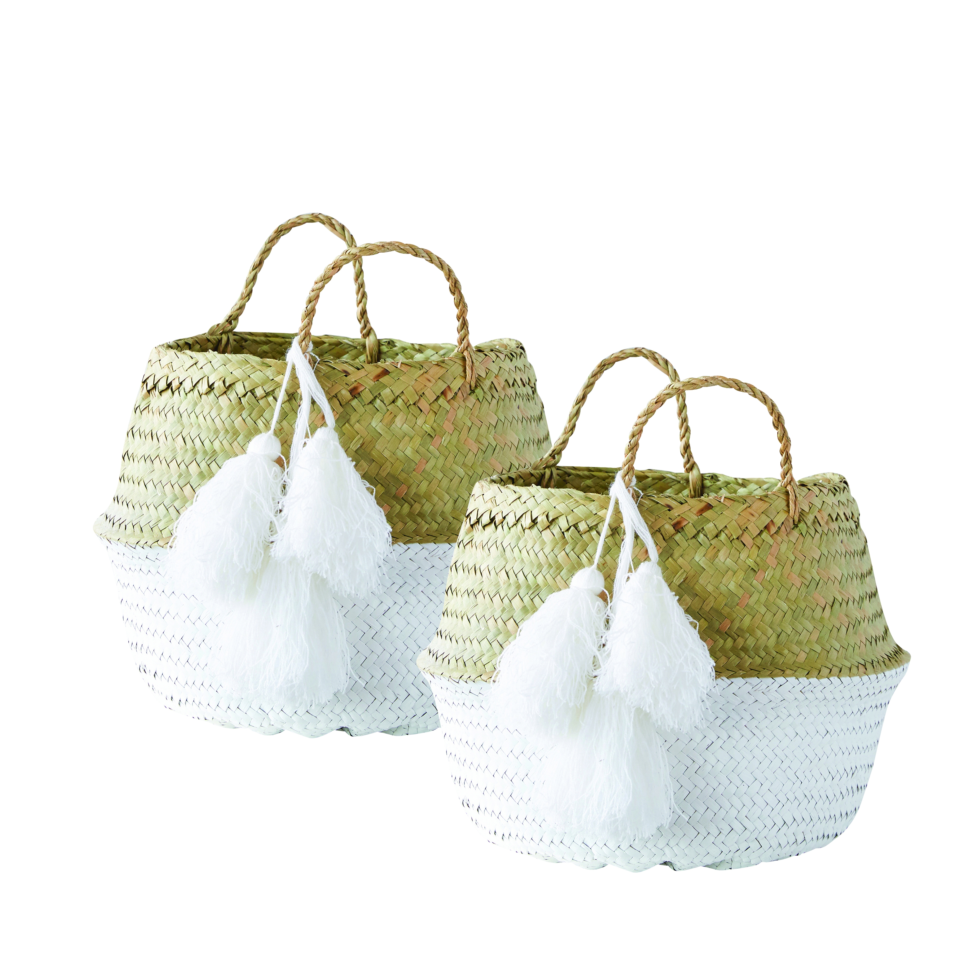 Beige & White Collapsible Palm Leaf Baskets with Large Tassels (Set of 2 Sizes) - Image 0