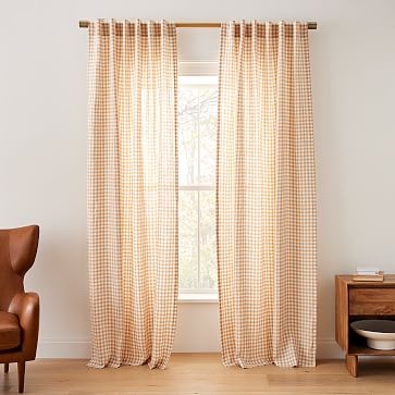 Heather Taylor Home Mini Gingham Linen Curtain, Almond, 48"x84" - Image 0