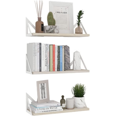 Floating Shelves For Wall Storage, Floating Bookshelf Set Of 3, Natural Wood Wall Shelves With Brackets - Image 0