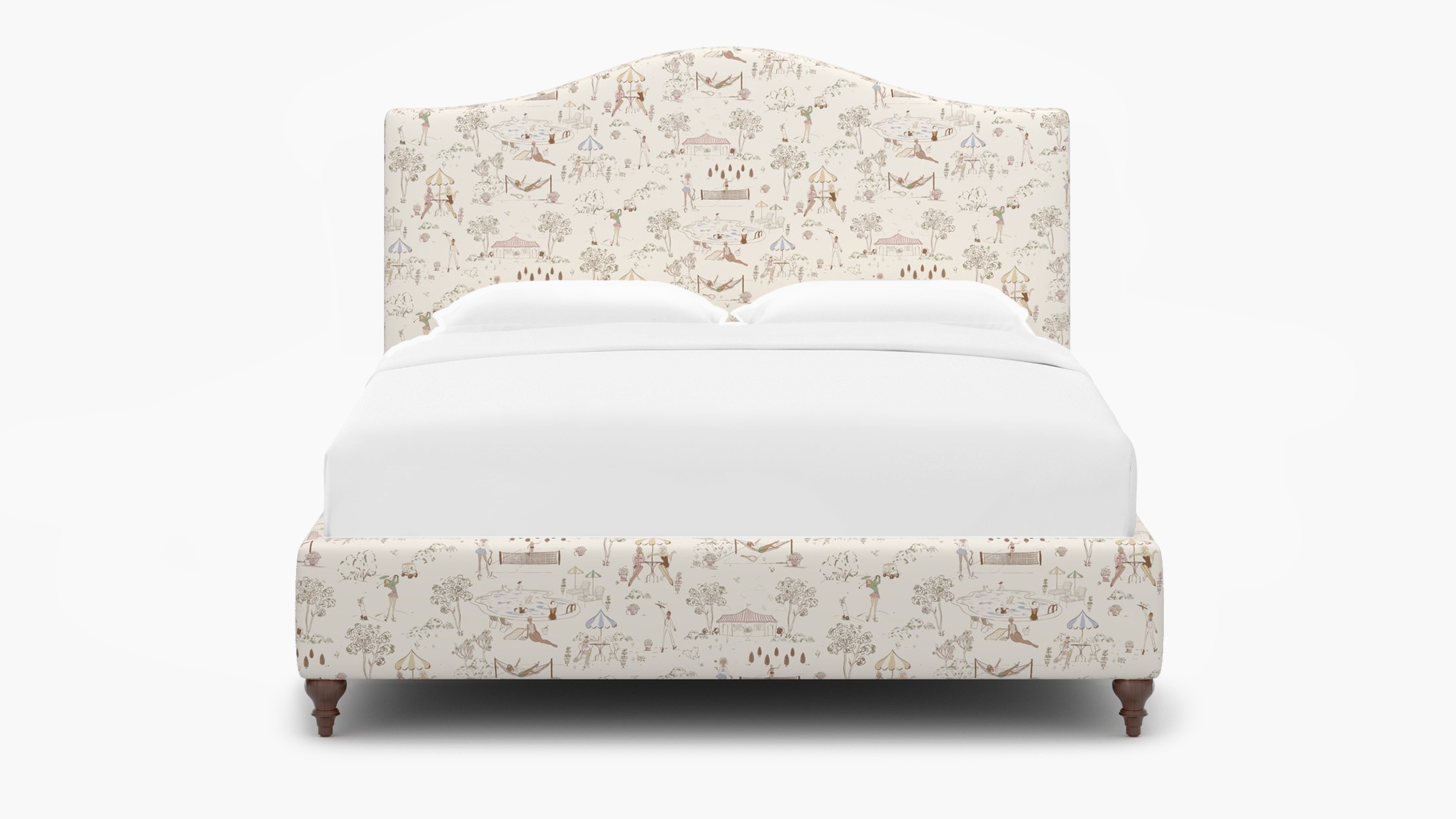 Camelback Bed, Multi Country Club Toile, Walnut Traditional Turned Leg, Full - Image 0