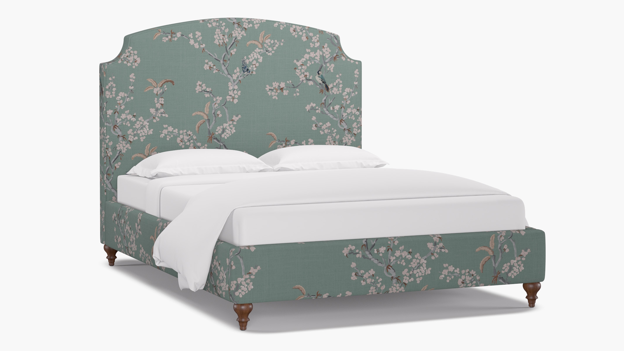 Cove Bed, Mint Cherry Blossom, Walnut Traditional Turned Leg, King - Image 1