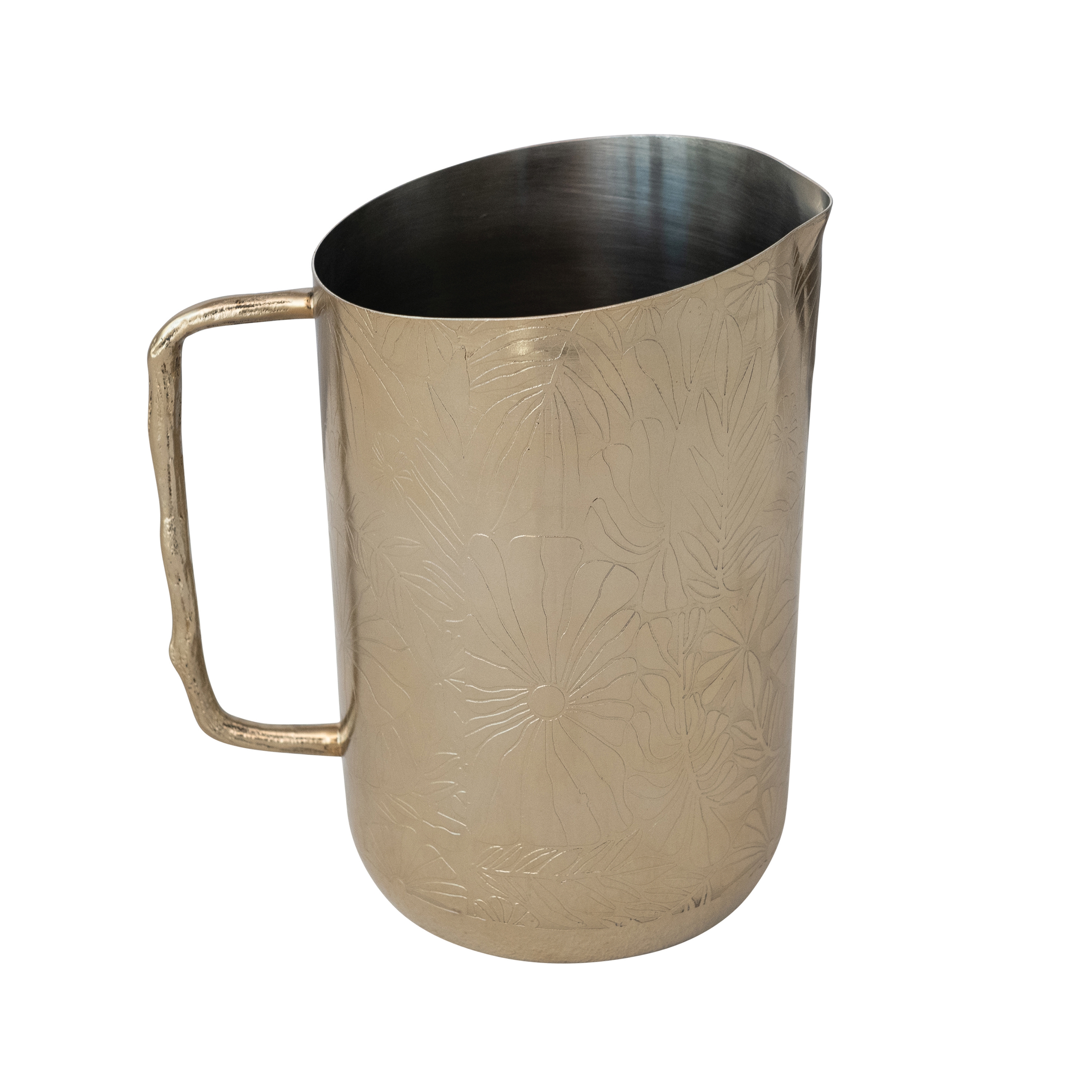 2-Quart Stainless Steel Pitcher with Etched Flowers and Twig Shaped Handle, Brass - Image 0