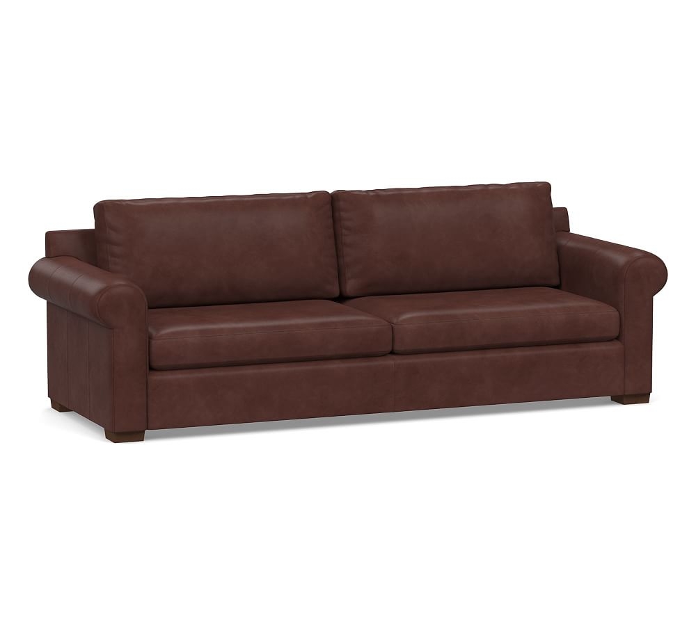 Shasta Roll Arm Leather Grand Sofa 98", Polyester Wrapped Cushions, Signature Whiskey - Image 0