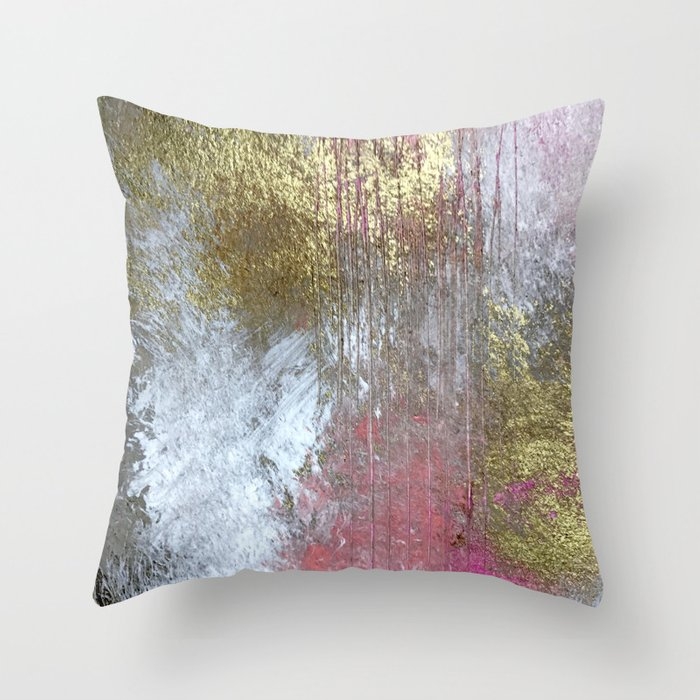 Golden Girl: A Pretty Abstract Mixed Media Piece In Pink, White, Gold, And Gray Throw Pillow by Alyssa Hamilton Art - Cover (24" x 24") With Pillow Insert - Indoor Pillow - Image 0