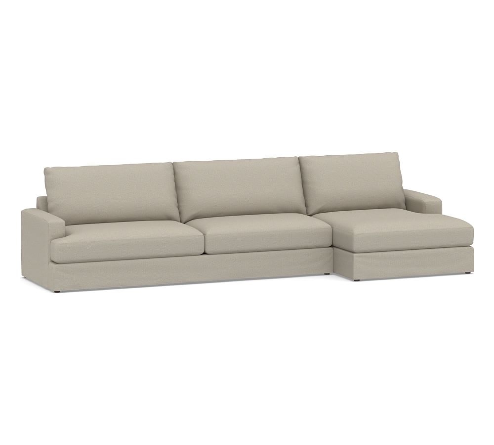 Canyon Square Arm Slipcovered Left Arm Sofa with Double Chaise Sectional, Down Blend Wrapped Cushions, Performance Boucle Fog - Image 0