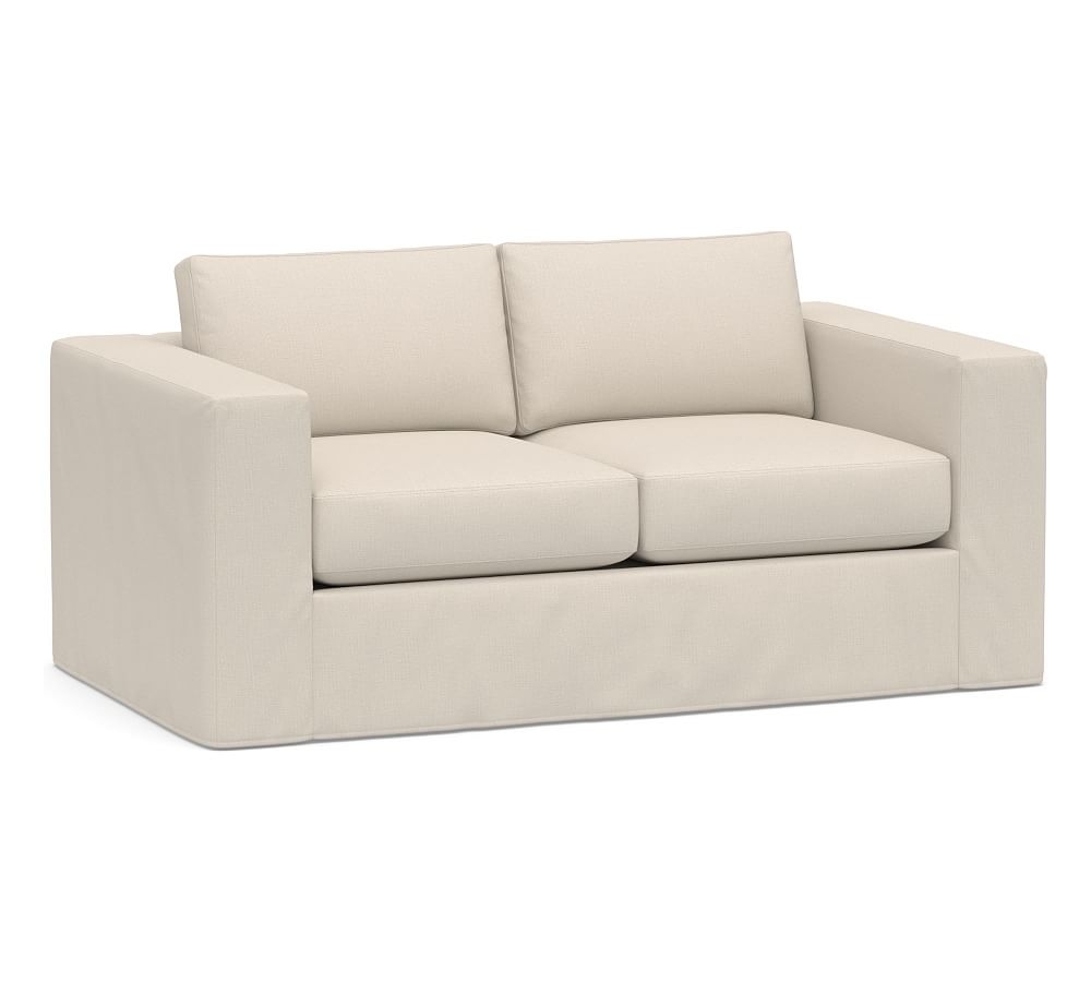 Carmel Square Arm Slipcovered Loveseat 74", Down Blend Wrapped Cushions, Performance Brushed Basketweave Oatmeal - Image 0