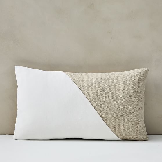 Cotton Linen + Velvet Lumbar Pillow Cover with Down Insert, Stone White, 12"x21" - Image 0