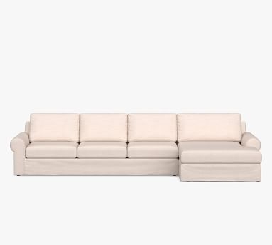 Big Sur Roll Arm Slipcovered Left Arm Grand Sofa with Double Chaise Sectional and Bench Cushion, Down Blend Wrapped Cushions, Performance Boucle Pebble - Image 2