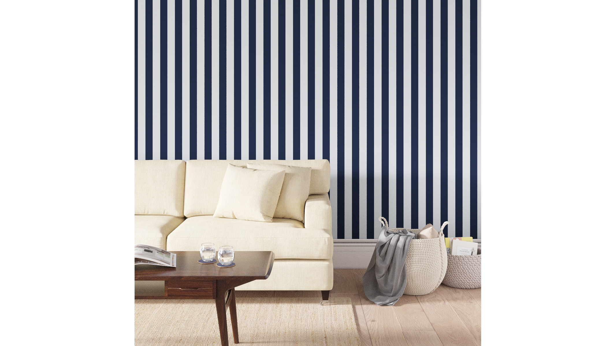 Peel and Stick Wallpaper Roll, Navy Cabana Stripe - Image 1