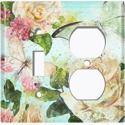 Metal Light Switch Plate Outlet Cover (Flower White Rose Teal - (L) Single Toggle / (R) Single Outlet) - Image 0
