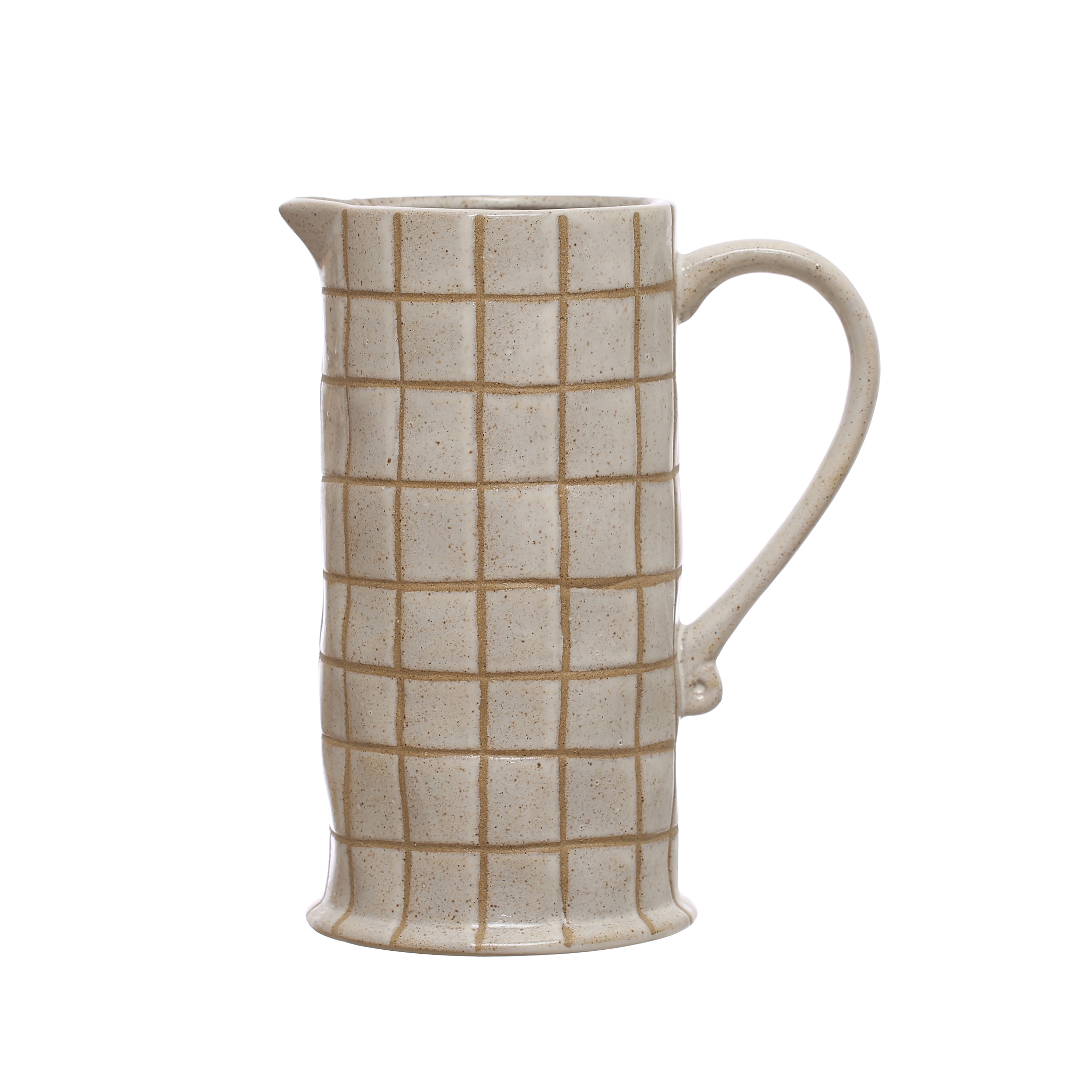 8.5 Inches 46-Ounce Stoneware Pitcher with Wax Relief Grid Pattern in Reactive Glaze, Cream and Brown - Image 0