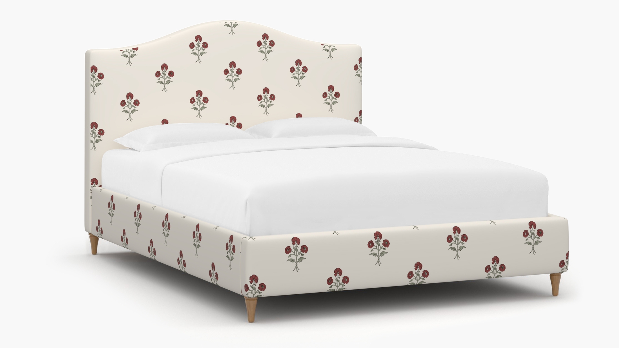 Camelback Bed, Red Delphine, Natural Decorative Tapered Leg, Twin - Image 1