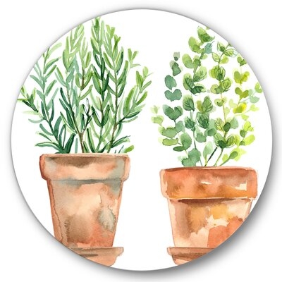 Two Green House Plants In Orange Flower Pots - Traditional Metal Circle Wall Art - Image 0