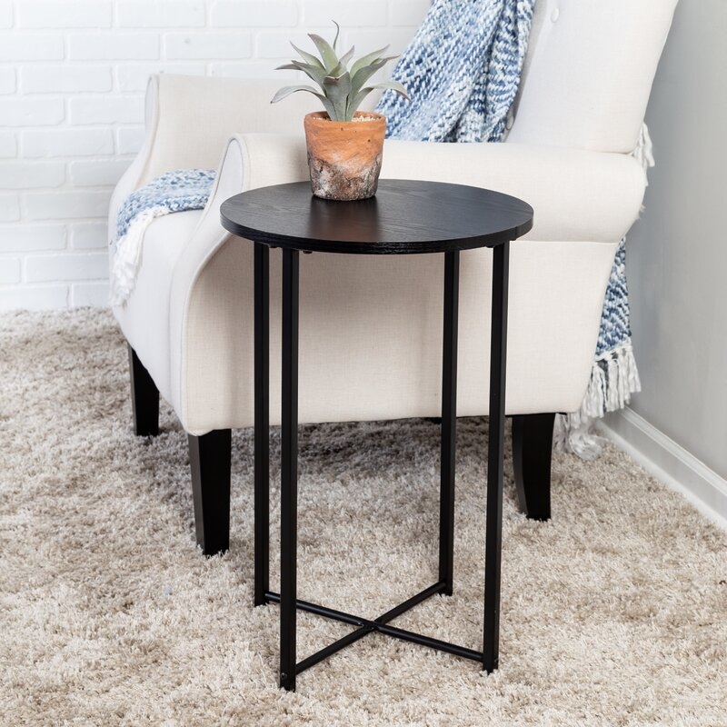 Round Side Table With X-Pattern Base, Black - Image 1
