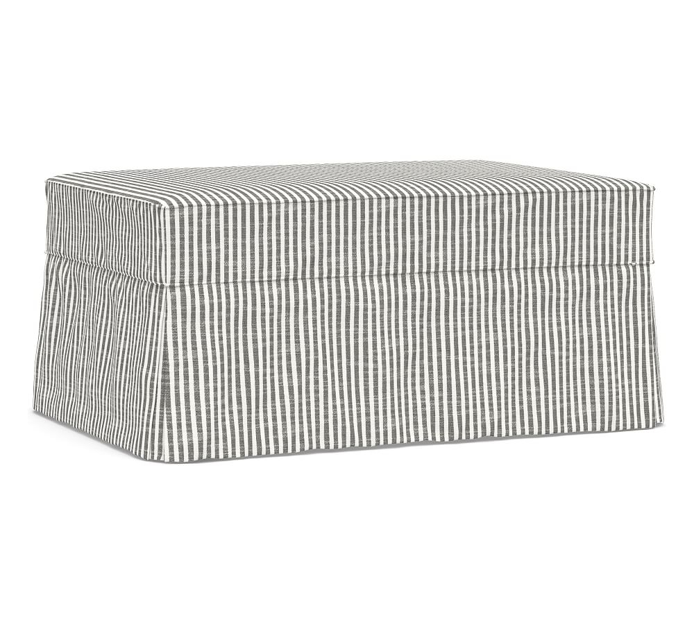 Charleston Slipcovered Ottoman, Polyester Wrapped Cushions, Classic Stripe Charcoal - Image 0