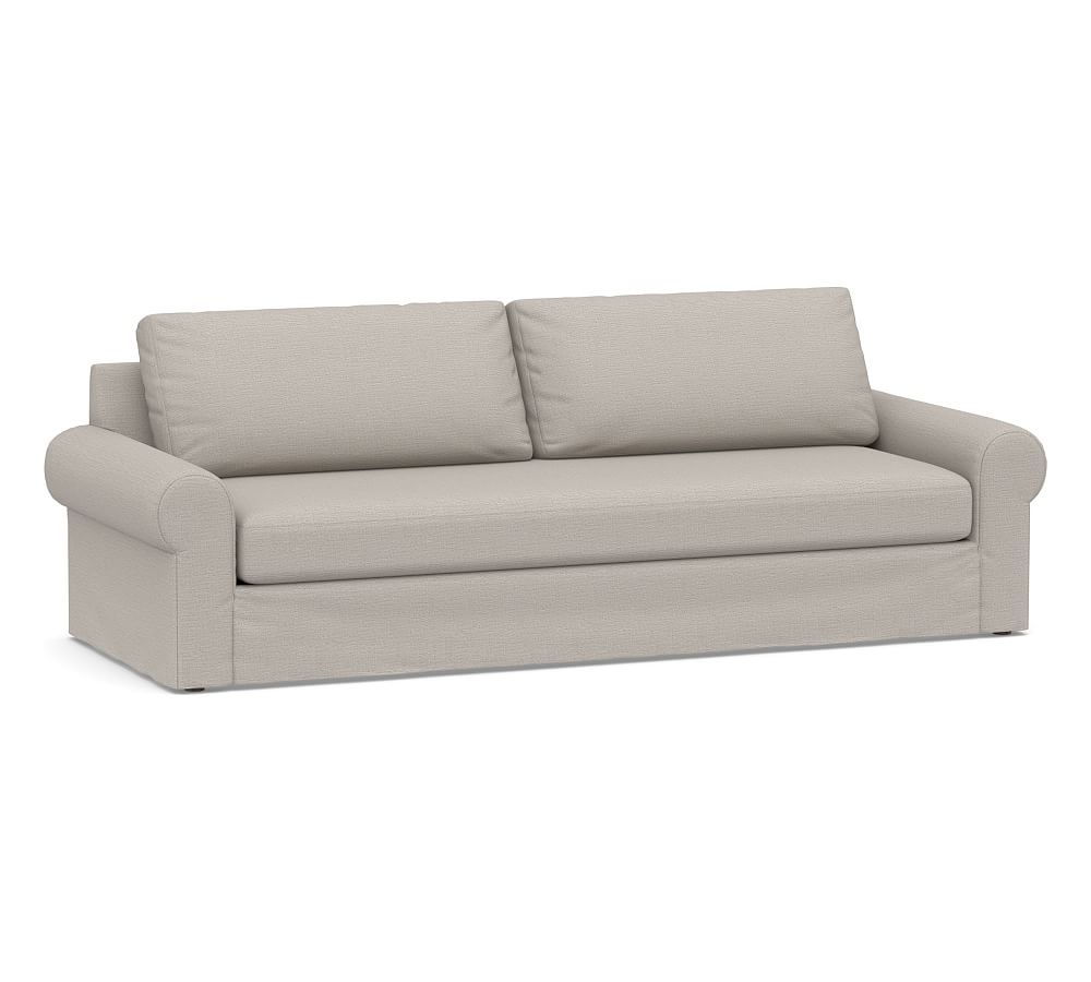 Big Sur Roll Arm Slipcovered Grand Sofa 106" 2X1, Down Blend Wrapped Cushions, Chunky Basketweave Stone - Image 0