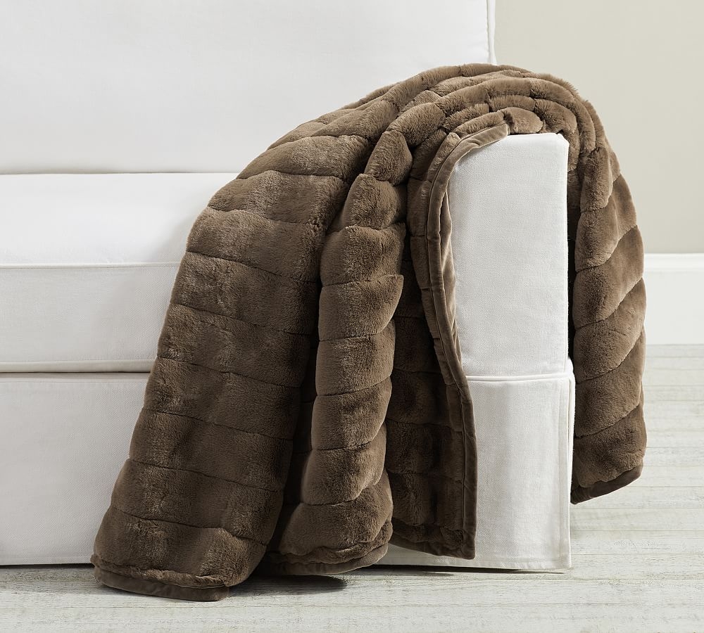 Faux Fur Ruched Throw, 50 x 60", Mushroom Channel - Image 0