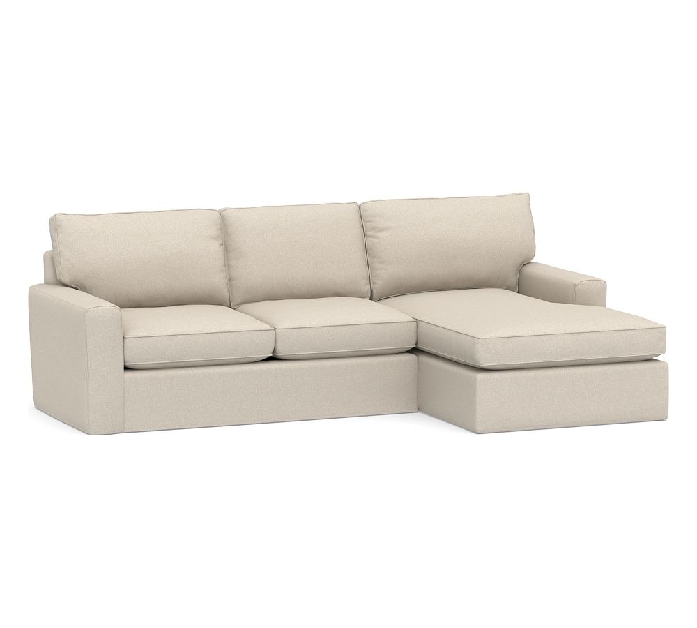 Pearce Square Arm Slipcovered Left Arm Loveseat with Double Chaise Sectional, Down Blend Wrapped Cushions, Textured Twill Khaki - Image 0