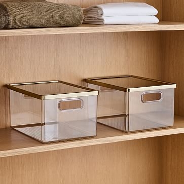 Clear Bin With Metal Lid 8x8x6, Clear Soft Brass, Set of 2 - Image 1
