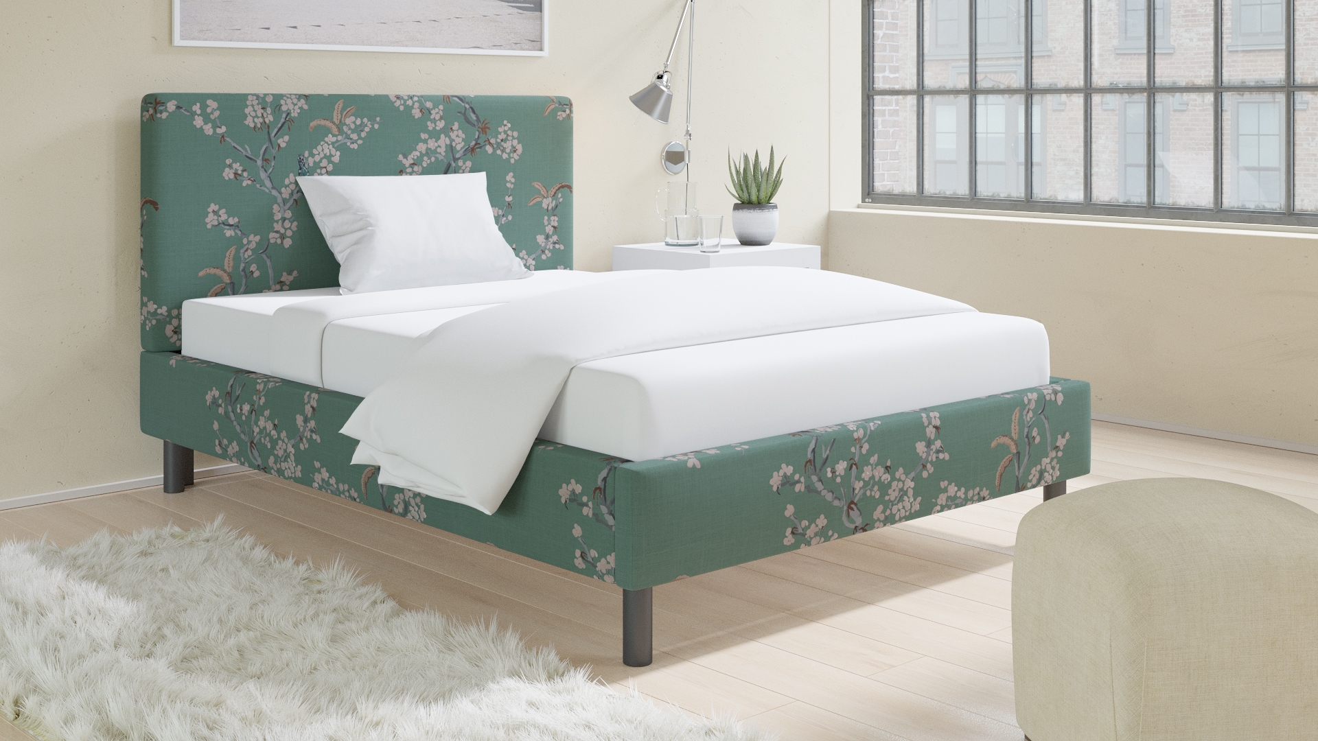 Tailored Platform Bed, Mint Cherry Blossom, Full - Image 2