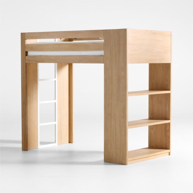 Grayson Natural Brown Oak Wood Kids Storage Loft Bed with Built-In Ladder - Image 0