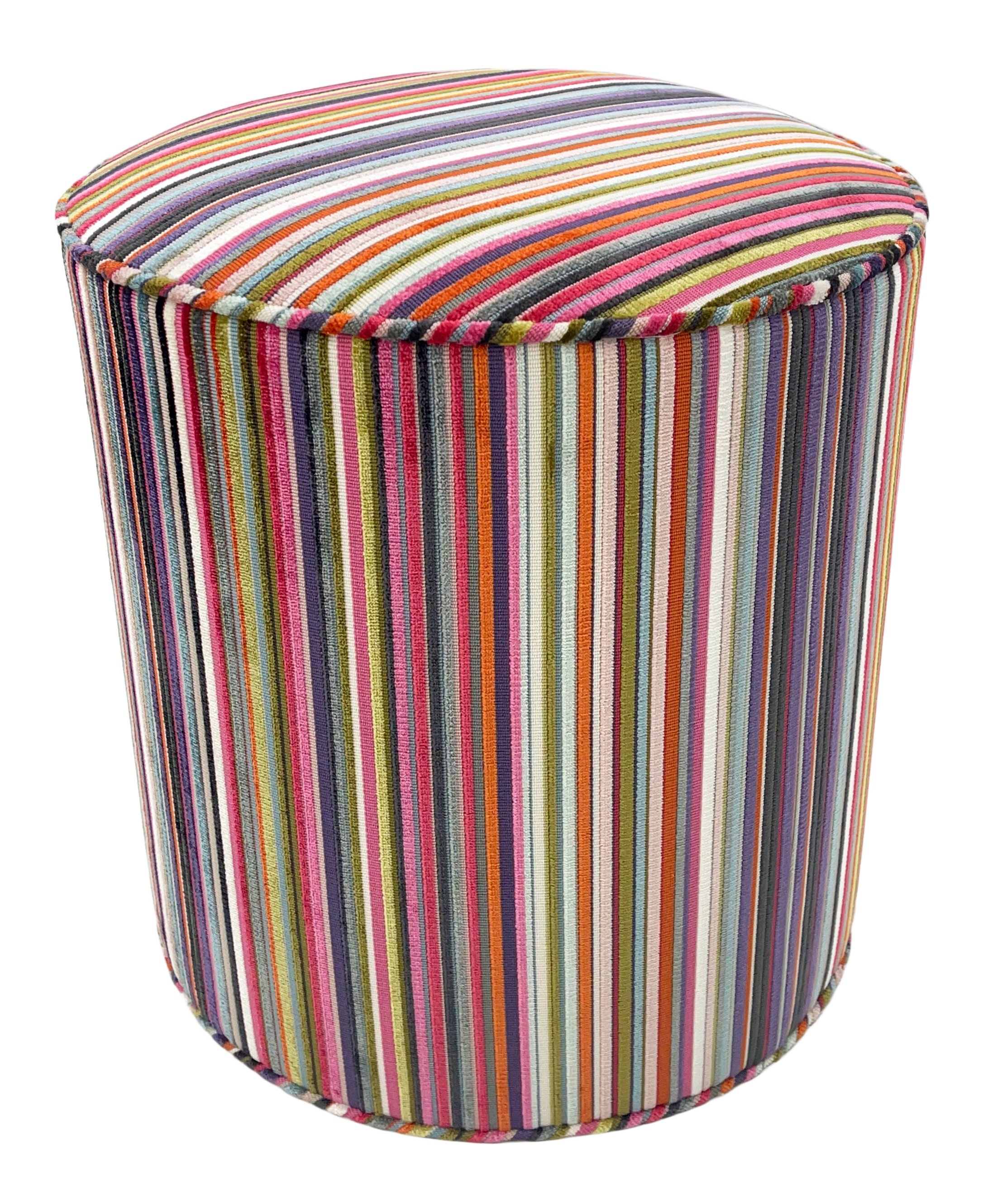 THE TIGHT ROUND OTTOMAN :: SOHO CUT VELVET  // MULTI - 17" Diameter X 19" Height - Image 1