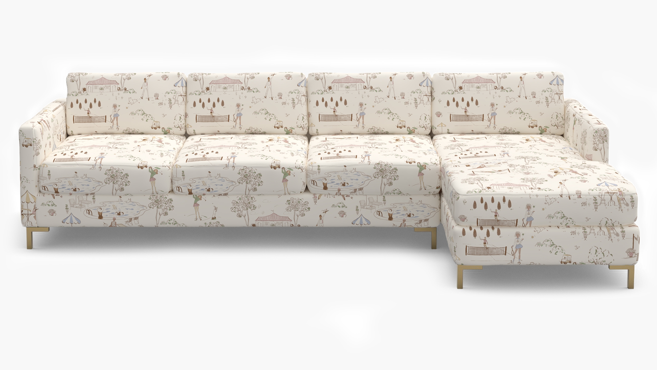 Modern Sectional, Right Facing, Multi Country Club Toile, Brass L Leg - Image 0