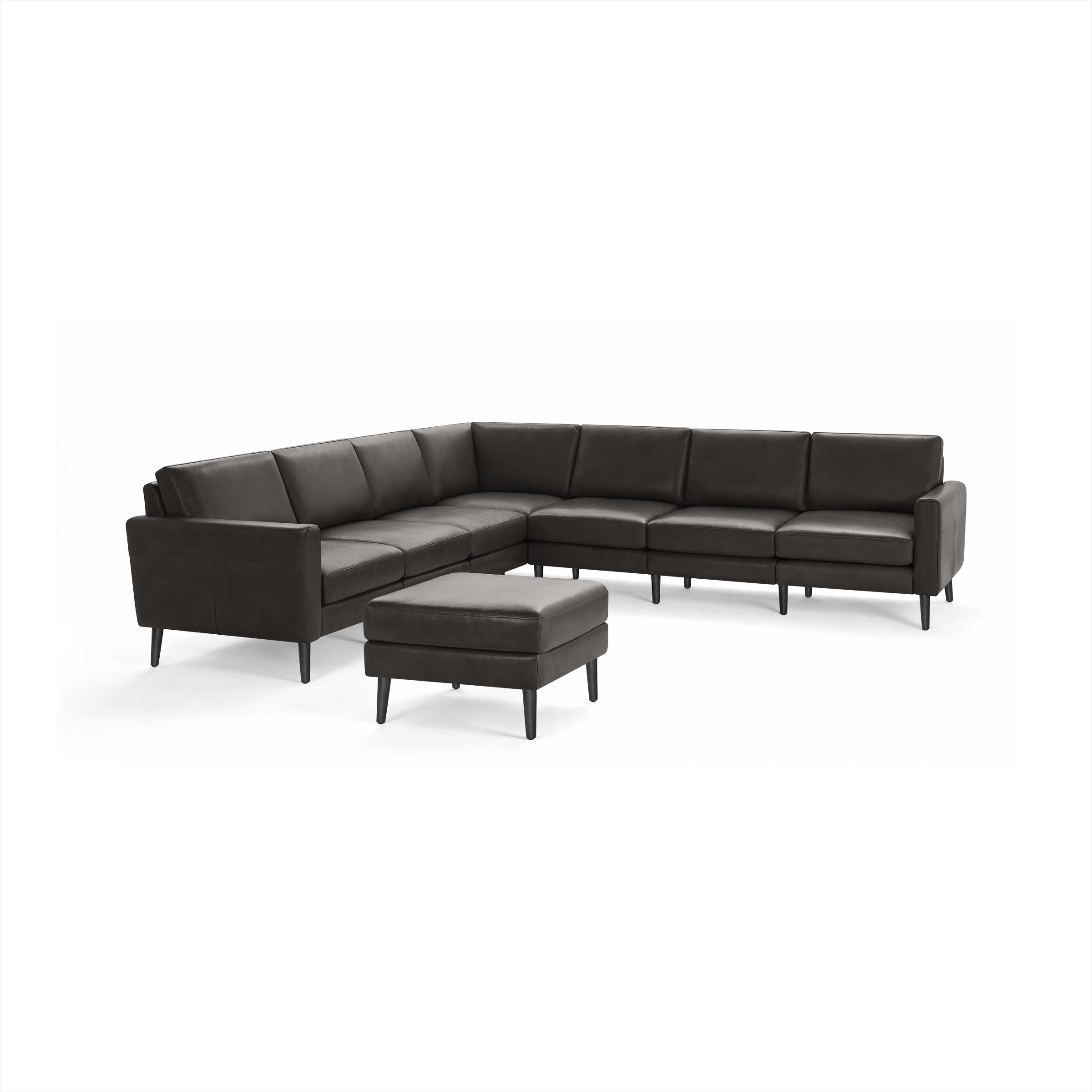 Nomad Leather 7-Seat Corner Sectional with Ottoman - Slate - Top Grain Leather / Ebony - Wood / Block - Image 0