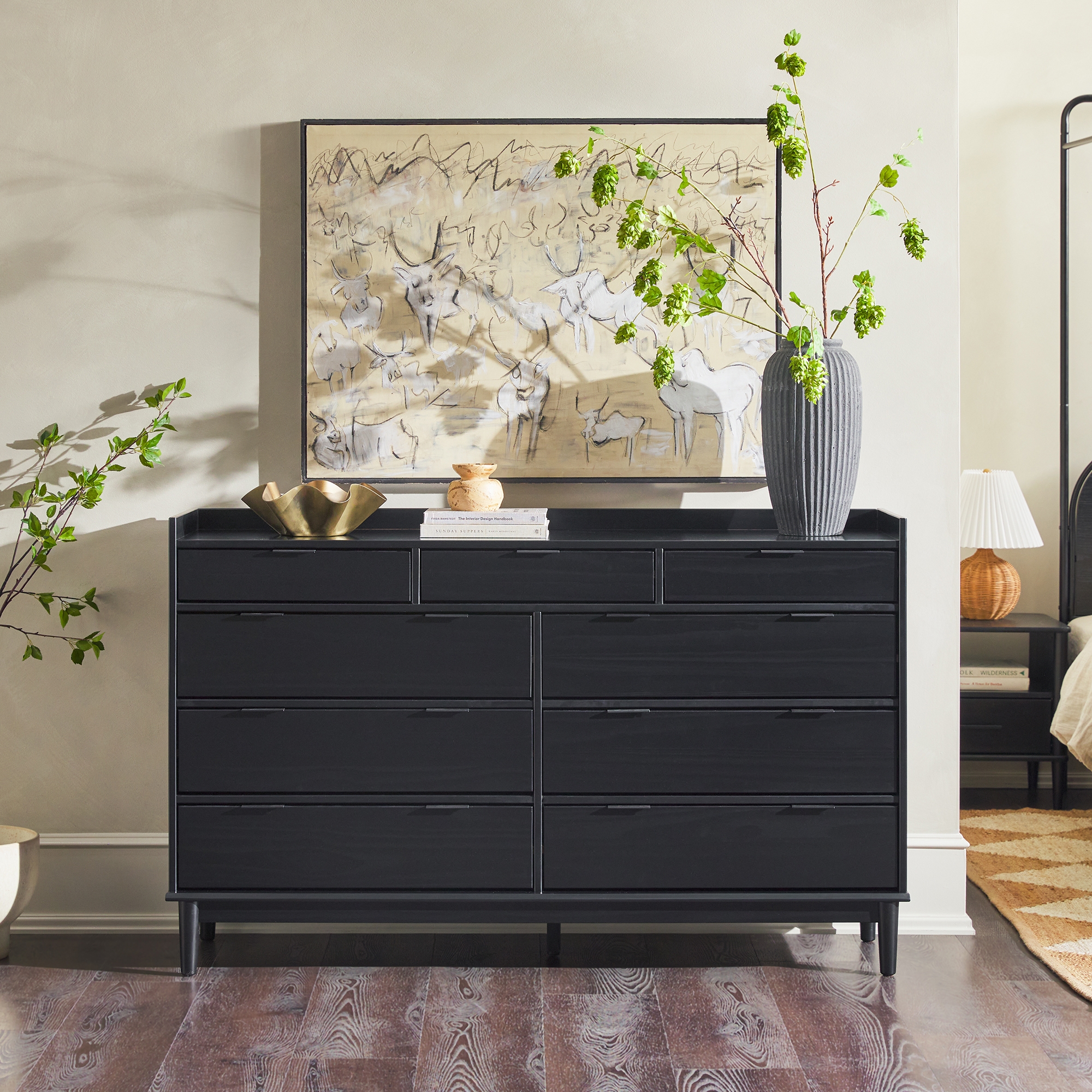 Mid-Century Modern Solid Wood 9-Drawer Gallery Nightstand - Black - Image 4