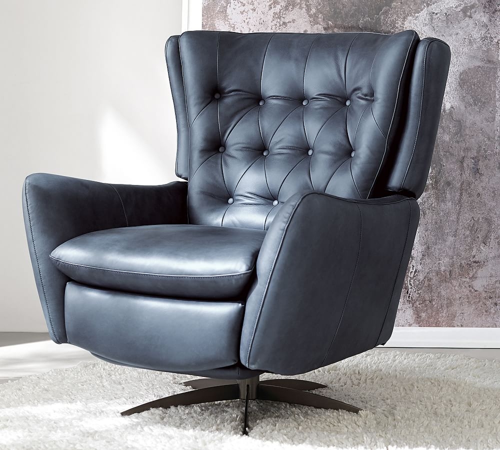 Wells Leather Swivel Recliner with Brushed Nickel Base, Polyester Wrapped Cushions, Signature Chalk - Image 0
