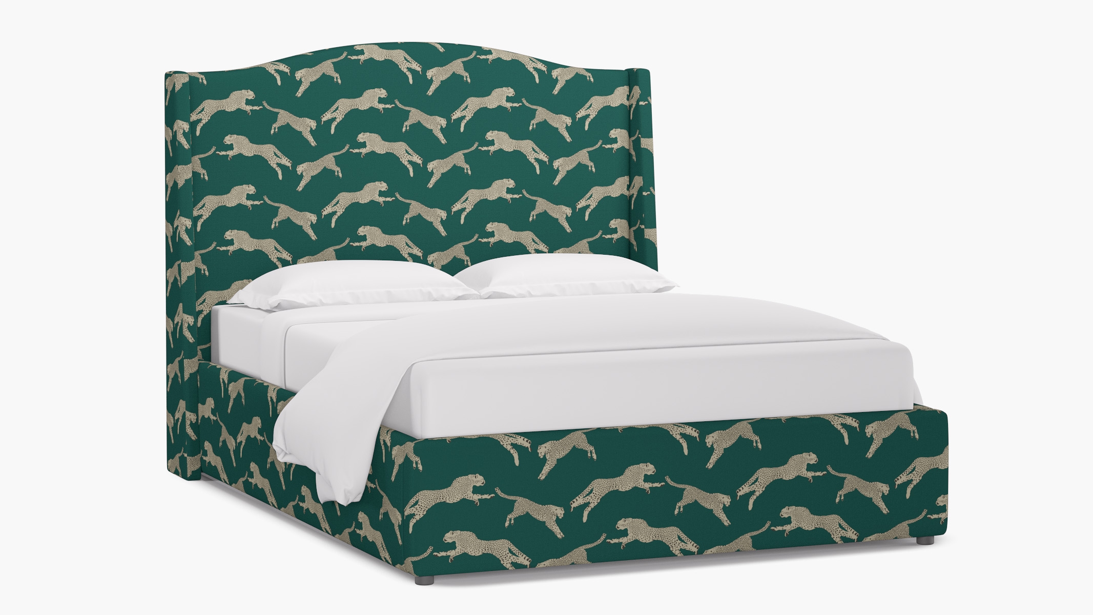 Curved Wingback Bed, Polo Green Cheetah, Queen - Image 1