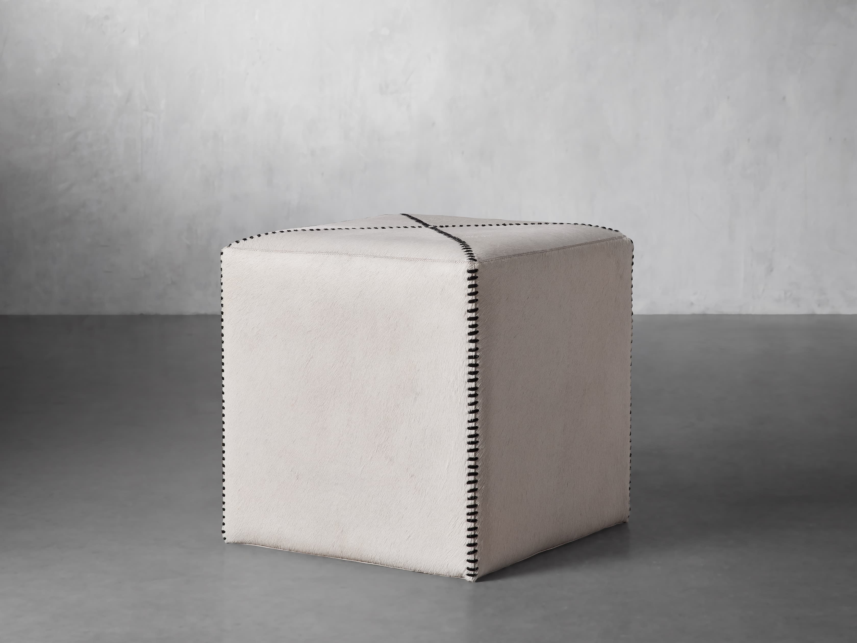 Hide Whipstitch Pouf in Ivory White - Image 0
