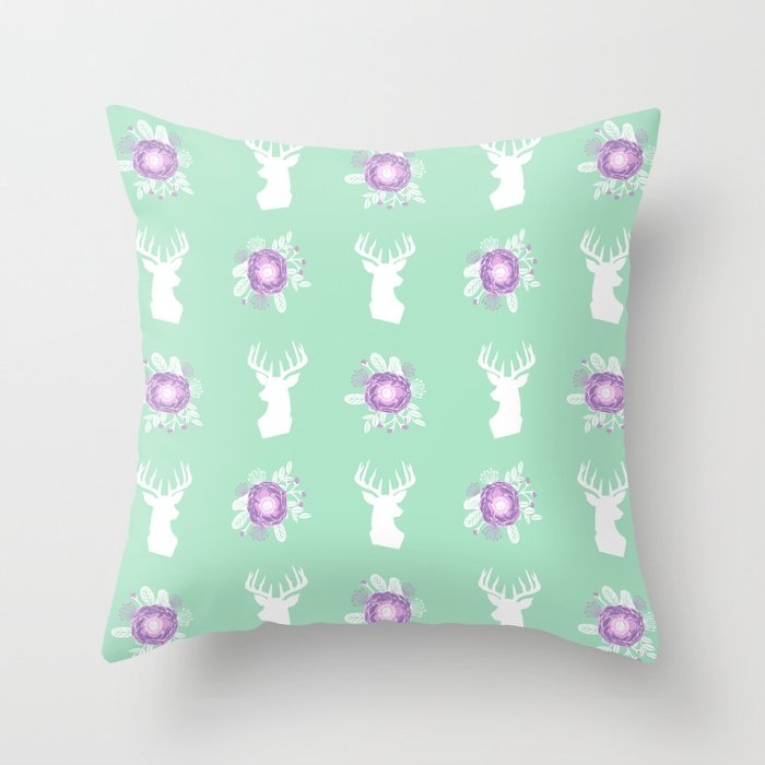 Deer Head Bouquet Floral Silhouette Pattern Minimal Camping Nursery Baby Mint And Purple Patterns Couch Throw Pillow by Charlottewinter - Cover (20" x 20") with pillow insert - Outdoor Pillow - Image 0
