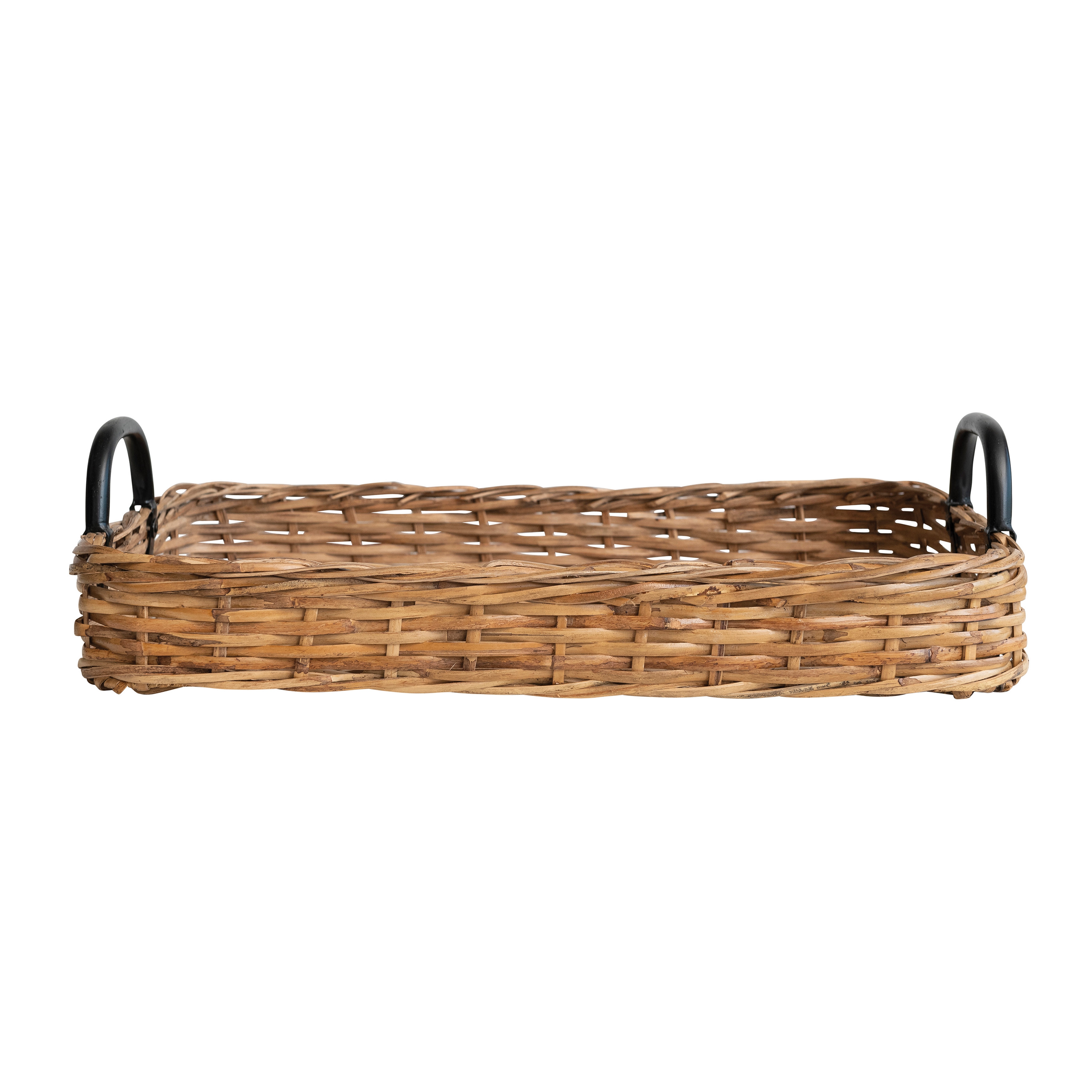 Decorative Woven Rattan Tray with Metal Handles, Natural and Black - Image 0