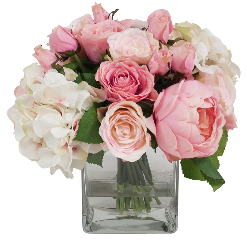 Pink & White Assorted Rose in Water Glass Vessel - Image 0
