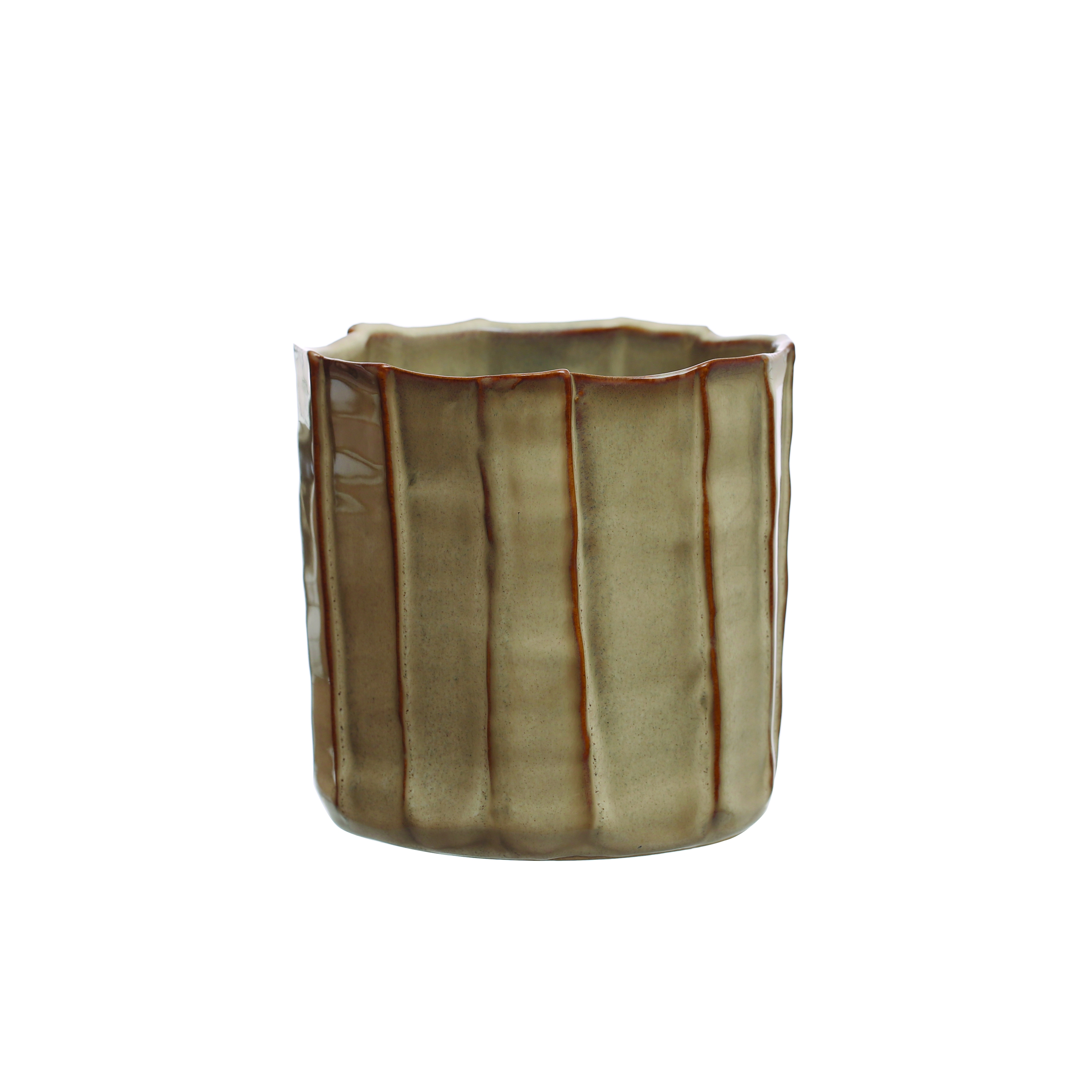 5.5 Inches Round Stoneware Pleated Planter with Reactive Glaze, Holds 4 Inches Pot, Cream - Image 0