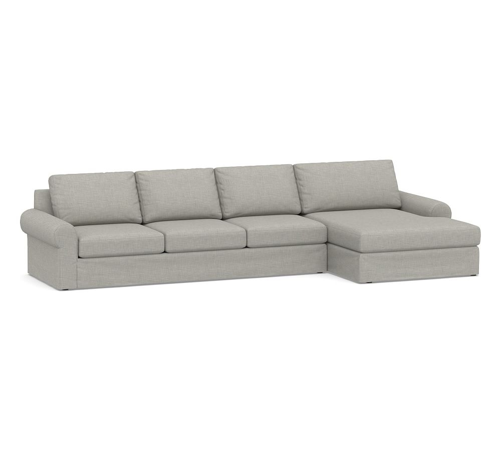 Big Sur Roll Arm Slipcovered Left Arm Grand Sofa with Double Chaise Sectional, Down Blend Wrapped Cushions, Premium Performance Basketweave Light Gray - Image 0